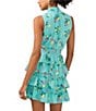 Color:Ocean Teal - Image 4 - Floral Printed Mock Neck Tiered Sleeveless Smocked Waist Mini A-Line Dress