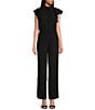 Color:Rich Black - Image 1 - Flutter Sleeve Mock Neck Ruffle Jumpsuit