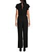 Color:Rich Black - Image 2 - Flutter Sleeve Mock Neck Ruffle Jumpsuit