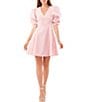 Color:Rose Linen - Image 1 - Gingham Print Short Puffed Sleeve V-Neck Sueded Satin Mini Dress