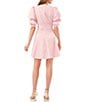 Color:Rose Linen - Image 2 - Gingham Print Short Puffed Sleeve V-Neck Sueded Satin Mini Dress