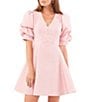 Color:Rose Linen - Image 3 - Gingham Print Short Puffed Sleeve V-Neck Sueded Satin Mini Dress