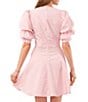 Color:Rose Linen - Image 4 - Gingham Print Short Puffed Sleeve V-Neck Sueded Satin Mini Dress