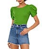 Color:Salted Lime - Image 1 - Knotted Crew Neck Short Puff Sleeve Top