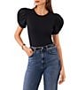 Color:Rich Black - Image 1 - Knotted Crew Neck Short Puff Sleeve Top