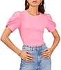 Color:Pink Glow - Image 1 - Knotted Crew Neck Short Puff Sleeve Top