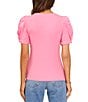 Color:Pink Glow - Image 2 - Knotted Crew Neck Short Puff Sleeve Top