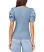 Color:Blue Stone - Image 2 - Knotted Crew Neck Short Puff Sleeve Top