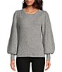 Color:Silver Heather - Image 1 - Long Puffed Blouson Sleeve Crew Neck Sweater