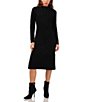 Color:Rich Black - Image 1 - Mock Neck Long Sleeve Cable Knit Midi Sweater Dress