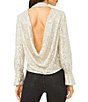 Color:Champagne - Image 2 - Mock Neck Long Ruffle Cuff Sleeve Sequin Drape Back Blouse
