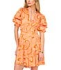 1. STATE Paisley Print V-Neck Short Puff Sleeve Dress, Color:Russet Orange - Image 3