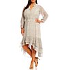 Color:New Ivory Multicolor - Image 1 - Plus Size Long Cuff Sleeve Smocked Waist Split V-Neck Leopard Print Tiered Ruffle High-Low Midi Dress