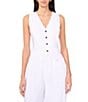 1. STATE Rumple Button Front V-Neck Coordinating Sleeveless Vest, Color:Ultra White - Image 1
