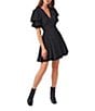Color:Rich Black - Image 1 - Short Puffed Sleeve V-Neck Suede Satin Mini Dress