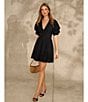 1. STATE Short Puffed Sleeve V-Neck Suede Satin Mini Dress, Color:Rich Black - Image 5