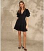 1. STATE Short Puffed Sleeve V-Neck Suede Satin Mini Dress, Color:Rich Black - Image 6