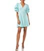 Color:Blue River - Image 1 - Short Puffed Sleeve V-Neck Suede Satin Mini Dress