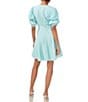 Color:Blue River - Image 2 - Short Puffed Sleeve V-Neck Suede Satin Mini Dress