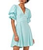 Color:Blue River - Image 3 - Short Puffed Sleeve V-Neck Suede Satin Mini Dress