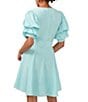 Color:Blue River - Image 4 - Short Puffed Sleeve V-Neck Suede Satin Mini Dress