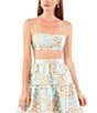 Color:Blue River - Image 1 - Sketched Floral Print Round Twill Square Neck Sleeveless Spaghetti Strap Coordinating Cropped Top