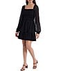 Color:Rich Black - Image 1 - Smocked Waist Tiered Ruffle Hem Square Neck Long Sheer Balloon Sleeve A-Line Dress