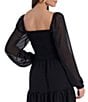 Color:Rich Black - Image 4 - Smocked Waist Tiered Ruffle Hem Square Neck Long Sheer Balloon Sleeve A-Line Dress