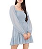 Color:Dusty Blue - Image 1 - Smocked Waist Tiered Ruffle Hem Square Neck Long Sheer Balloon Sleeve A-Line Dress