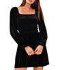 Color:Rich Black - Image 3 - Velvet Smocked Long Sleeve Square Neck Mini Dress
