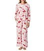 40WINKS 40 Winks Darling Bows Print Long Sleeve Henley Stretch Velour Long Pajama Set, Color:Oatmeal Print - Image 1