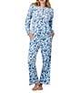 40WINKS 40 Winks Frosted Blooms Floral Print Long Sleeve Henley Stretch Velour Long Pajama Set, Color:White/Blue Floral - Image 1