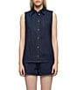 7 For All Mankind Dark Wash Linen Blend Collared Neck Sleeveless Coordinating Button-Front Shirt - Image 1