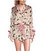 8 Oak Lane Long Sleeve Satin Champagne Print Shorty Bow Pajama Set, Color:Pink - Image 1