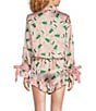 8 Oak Lane Long Sleeve Satin Champagne Print Shorty Bow Pajama Set, Color:Pink - Image 2