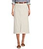 Color:Off White - Image 1 - Belted High Rise Slit Hem Denim A-Line Midi Skirt