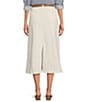 Color:Off White - Image 2 - Belted High Rise Slit Hem Denim A-Line Midi Skirt