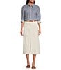 Color:Off White - Image 3 - Belted High Rise Slit Hem Denim A-Line Midi Skirt