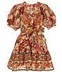 A Loves A Big Girls Bubble Sleeve Floral Print Dress, Color:Tangerine - Image 1