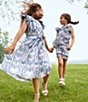 Color:Indigo Multi - Image 6 - Big Girls 7-16 Family Matching Multi Print Flutter Cap Sleeve Dress