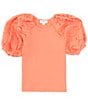 Color:Rose Coral - Image 1 - Big Girls 7-16 Puff Sleeve Eyelet Top