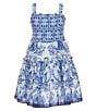 A Loves A Big Girls Floral Print Sleeveless Smocked Dress, Color:Blue/White - Image 1