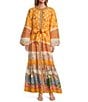 A Loves A Border Print Mandarin Collar Long Balloon Sleeve Button Front Tie at Waist A-Line Flounce Maxi Dress, Color:Marigold - Image 1