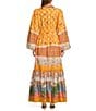 A Loves A Border Print Mandarin Collar Long Balloon Sleeve Button Front Tie at Waist A-Line Flounce Maxi Dress, Color:Marigold - Image 2