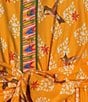 A Loves A Border Print Mandarin Collar Long Balloon Sleeve Button Front Tie at Waist A-Line Flounce Maxi Dress, Color:Marigold - Image 3