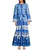 A Loves A Border Print Mandarin Collar Long Balloon Sleeve Button Front Tie at Waist A-Line Flounce Maxi Dress, Color:Cobalt/Multi - Image 1