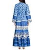 A Loves A Border Print Mandarin Collar Long Balloon Sleeve Button Front Tie at Waist A-Line Flounce Maxi Dress, Color:Cobalt/Multi - Image 2