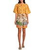 A Loves A Border Print Mandarin Collar Short Bubble Sleeve Button Front Tie At Waist Sheath Mini Dress, Color:Marigold Multi - Image 1