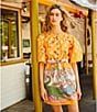 A Loves A Border Print Mandarin Collar Short Bubble Sleeve Button Front Tie At Waist Sheath Mini Dress, Color:Marigold Multi - Image 4