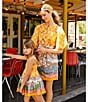 A Loves A Border Print Mandarin Collar Short Bubble Sleeve Button Front Tie At Waist Sheath Mini Dress, Color:Marigold Multi - Image 5